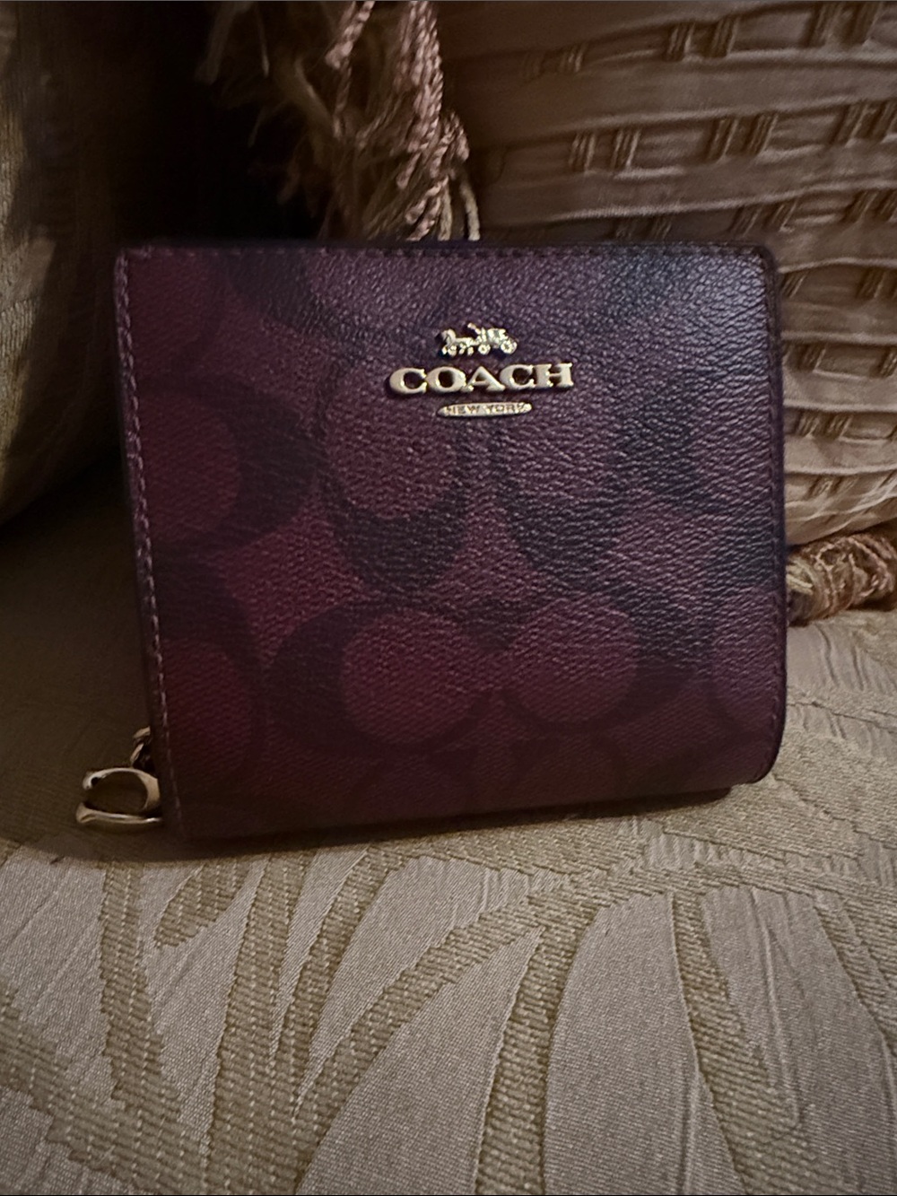 Coach Leather Snap Wallet In Signature Print & a Mini C Charm Oxblood Red EUC